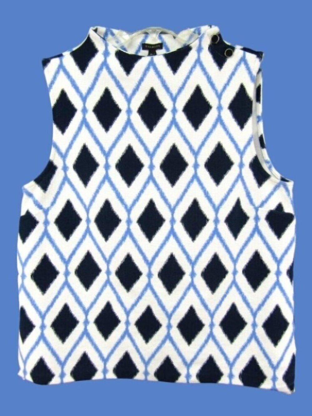 Talbots White Blue Diamond Sleeveless Top Womens Size XL Button Shoulder Flaw